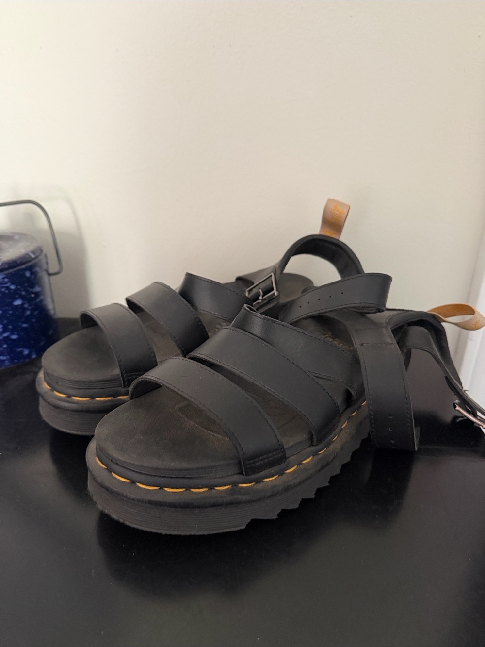 Dr. Martens Black Leather Platform Sandals with Yellow Stitching